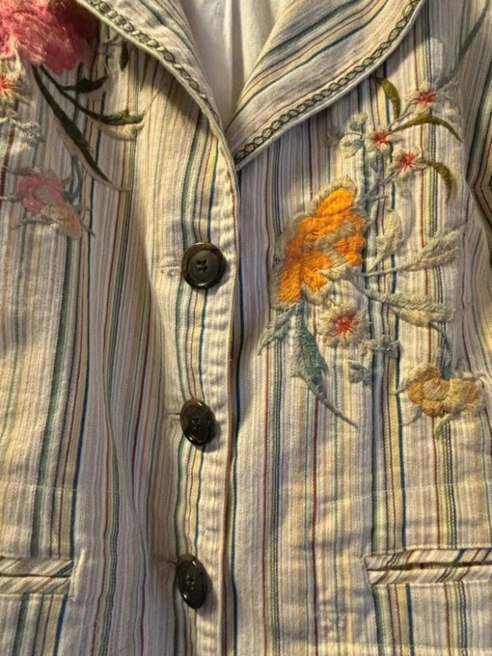 Johnny Was Striped Embroidered Floral Fully Lined Jacket Blazer Women's Medium - Picture 3 of 10